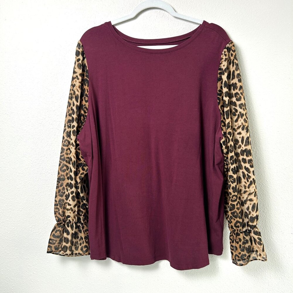 Belle Kim Gravel TripleLuxe Knit Top Womens 2X Burgundy Leopard‎ Chiffon Sleeves